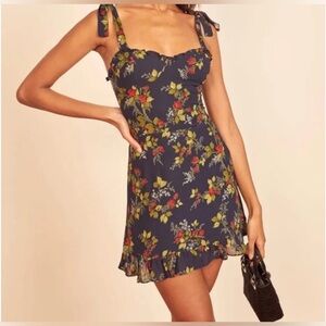 🌹 Reformation Christine Navy Red Floral Mini Dress Tie Strap Sweetheart Size 10